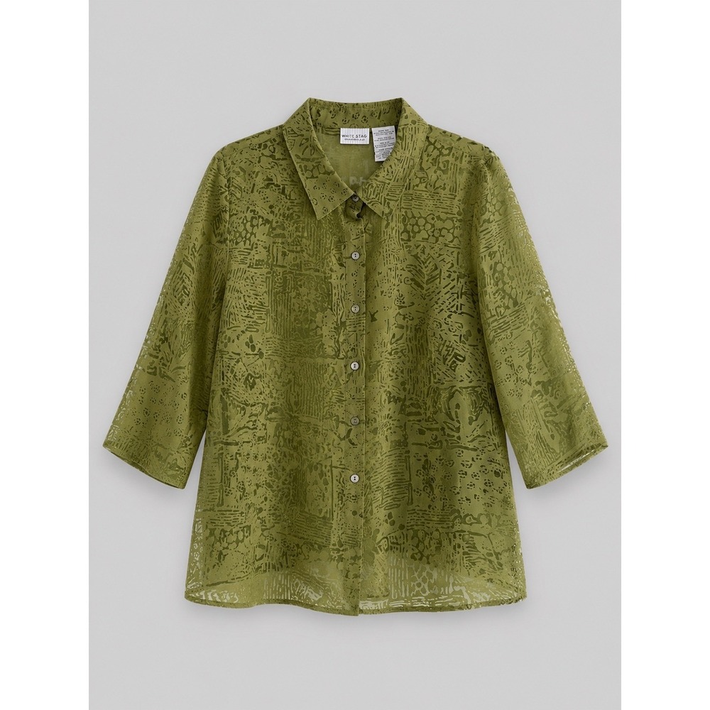 Artsy Olive Green Burnout Blouse Boho Lagenlook Wearable Art Top Size Medium